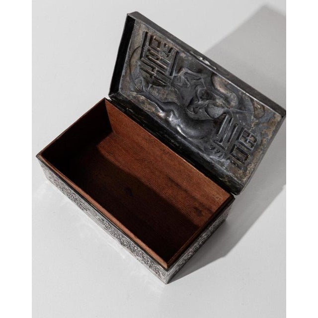 Wood Vintage Japanese Silver-Plated Box with Dragon Motif and Wood Inlay, Early 19th Century For Sale - Image 7 of 17