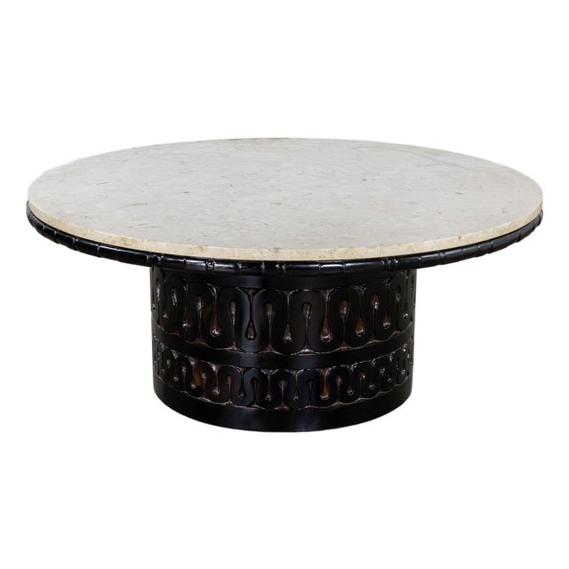 Mid-20th Century Brutalist Heirloom Coffee Table by Weiman Carved Pedestal Base Ivory Marble Top For Sale