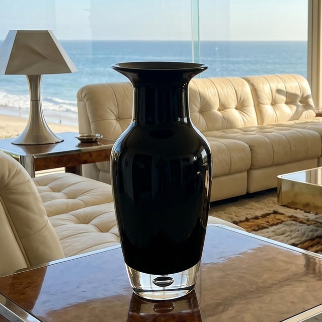 Mid-Century Modern Mid-Century Modern Murano Sommerso Jet Black Art Glass Vase With Controlled Bubble Base, 1970s For Sale - Image 3 of 8