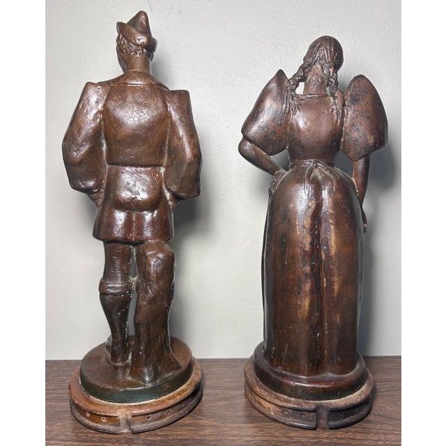Early 20th Century French Bronze-Clad Plaster Breton Man and Woman Sculptures on Wood Bases - Set of 2 For Sale - Image 4 of 6