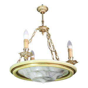1950s Masterpiece Art Deco Design White Alabaster Chandelier Circular Wooden Frame