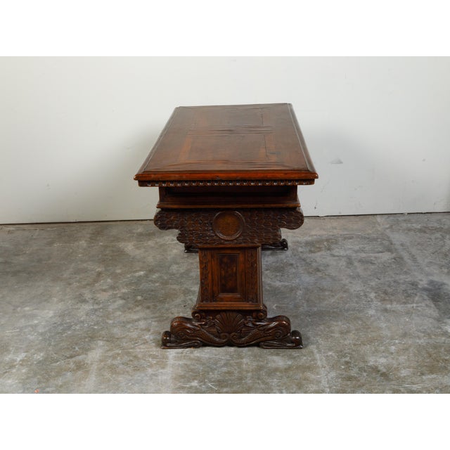 Italian 1800s Walnut Trestle Base Table with Two Drawers and Carved Motifs For Sale - Image 10 of 12