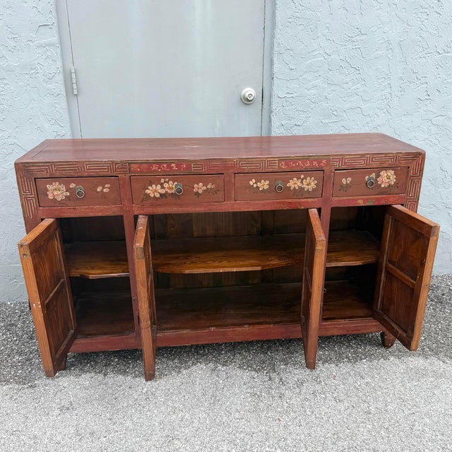 Chinese Red Hand Painted Credenza/Wedding Cabinet For Sale - Image 10 of 11