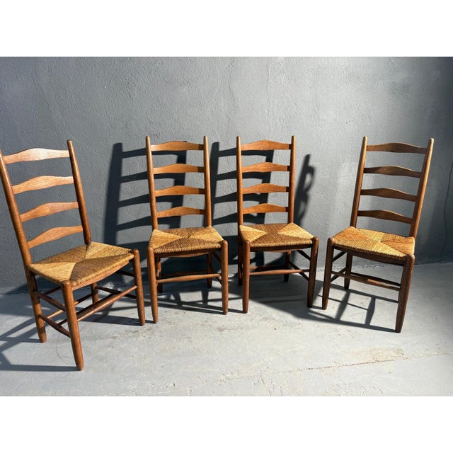 Rustic Rustic Ladder Back Dining Chairs in Oak and Rush Seats, Belgium, 1960s, Set of 4 For Sale - Image 3 of 4