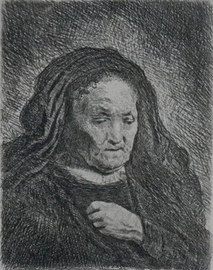 17th Century Rembrandt Harmensz Van Rijn Etching, The Artist's Mother With Her Hand on Her Chest