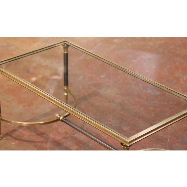 French Mid-Century French Maison Jansen Brass and Steel Coffee Table With Glass Top For Sale - Image 3 of 7