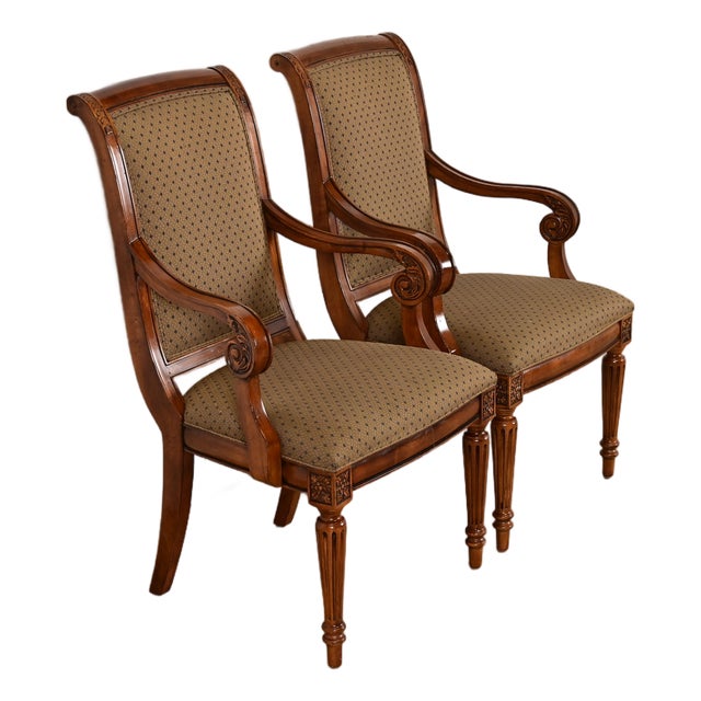 Ethan Allen French Regency Louis XVI Carved Cherry Wood Upholstered Armchairs, Pair For Sale