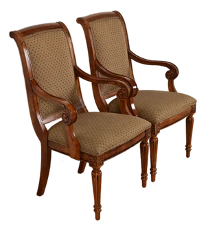 Ethan Allen French Regency Louis XVI Carved Cherry Wood Upholstered Armchairs, Pair