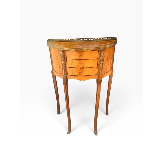 Wood Mid-20th Century Vintage French Louis XV Style Burl Wood Demilune Side Table With Brass Gallery For Sale - Image 7 of 14