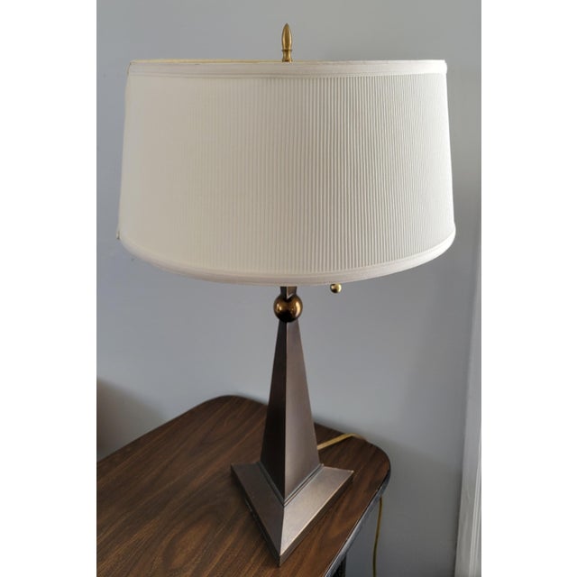 Mid-Century Modern Mid 20th Century Modern Patinated Bronze Pyramid and Brass Sphere Lamp With Pleated Linen Shade For Sale - Image 3 of 10