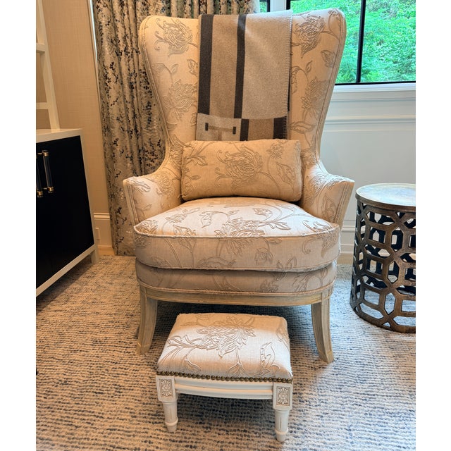 Tall Embroidered Wingback With Footstool For Sale - Image 13 of 13