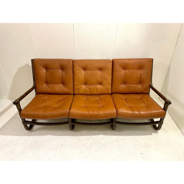 Mid-Century Modern Rattan and Cognac Leather Sofa, Italy, 1970s For Sale - Image 4 of 6