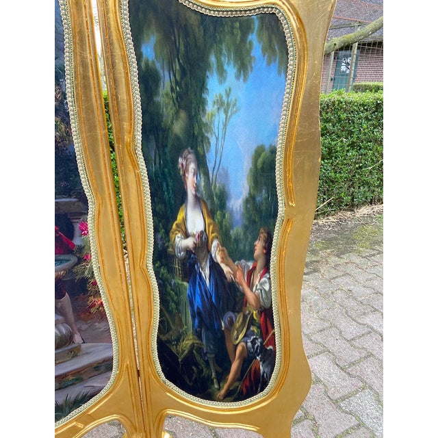 20thC French Louis XVI Gold Beech Scenic Room Divider Screen - 3 Panels For Sale - Image 17 of 18