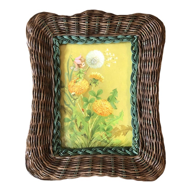 1970’s Original Fantasy Fairy With Dandelion Original Illustration Watercolor Painting Vintage Wicker Tabletop Frame For Sale