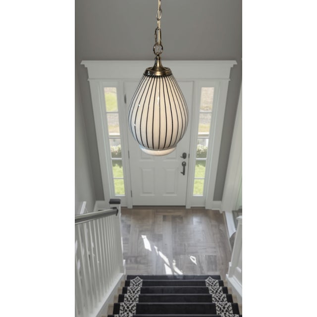 Vintage Murano Striscia Art Glass White Oval Pendant Light With Black Stripes For Sale - Image 9 of 18