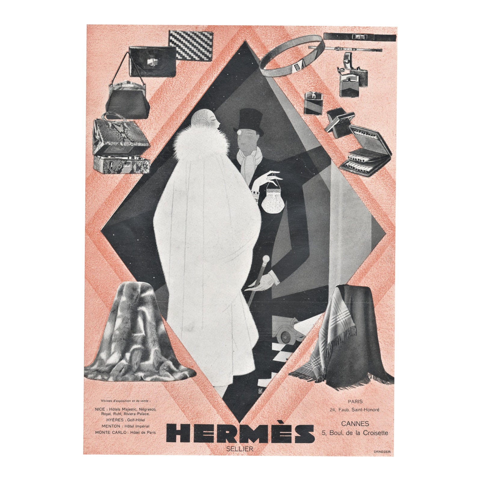 1949 Mid-Century French Hermes Handbag Advertisement Print, Matted