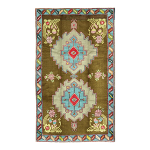 Bright Vintage Turkish Carpet in Green and Unique Vivid Colors & Design 5'10" X 9'8"