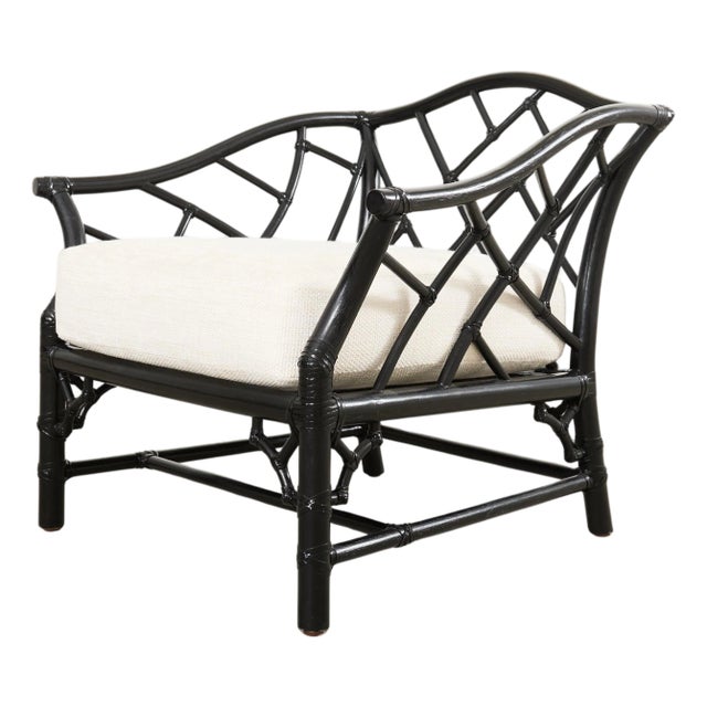 McGuire Rattan Chinese Chippendale Lacquered Lounge Chair For Sale