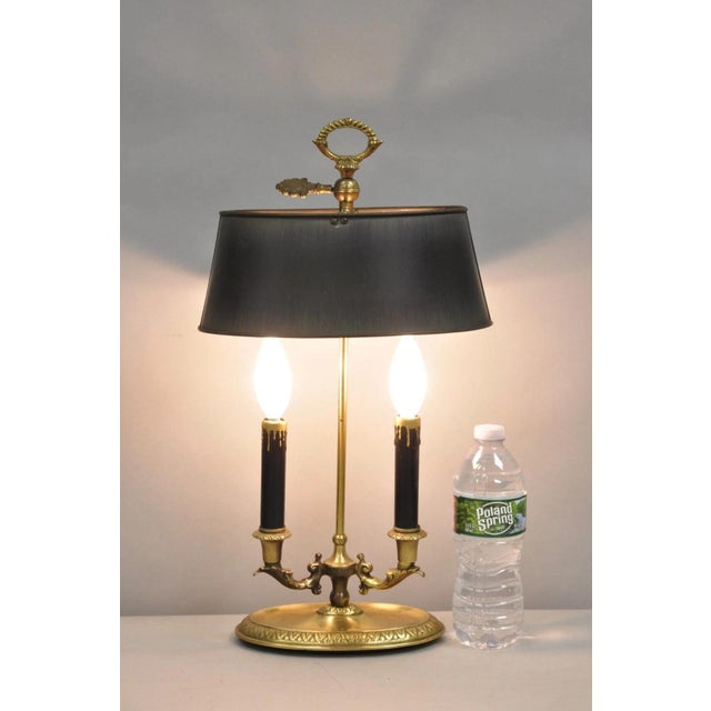 Traditional Mid 20th Century Vintage French Empire Tole Metal Oval Shade Small Brass Bouillotte Desk Lamp For Sale - Image 3 of 12