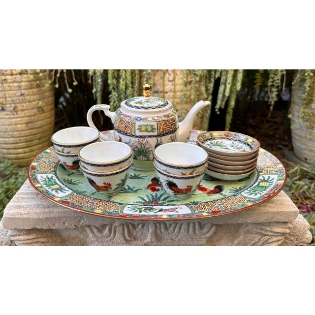 Vintage Chinese Hand Painted Porcelain Rooster Chinoiserie Motif 14 Piece Tea Set For Sale - Image 9 of 12