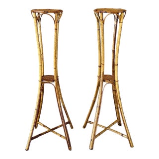 Vintage Pair of Faux Bamboo and Woven Rattan Plant Stands For Sale