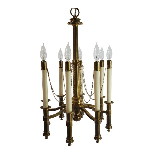 1970s Mid Century Modern Chapman Brass 8-Light Candlestick Chandelier For Sale