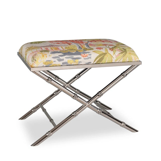 Classic detail of bamboo is featured on the Lauderdale upholstered bench. Cast steel metal frames are available in aged...