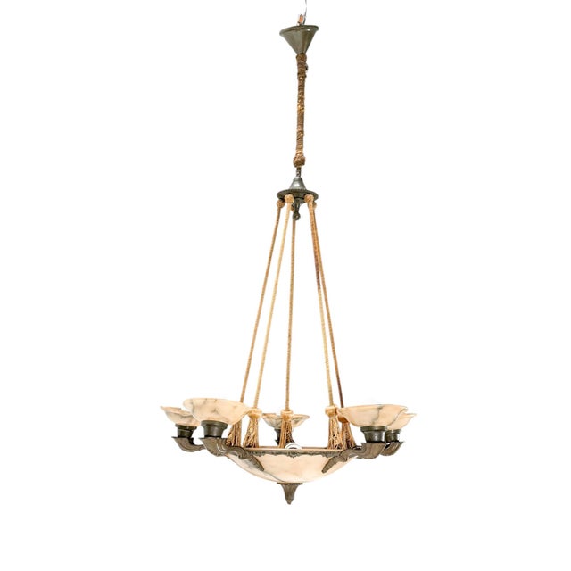 Stunning and elegant Art Deco chandelier. Striking French design from the 1930s. Original patinated bronze and rope frame...