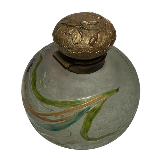 1900 - 1909 Huge Antique Daum Nancy France Art-Nouveau Cameo Glass & Bronze Inkwell For Sale - Image 5 of 5