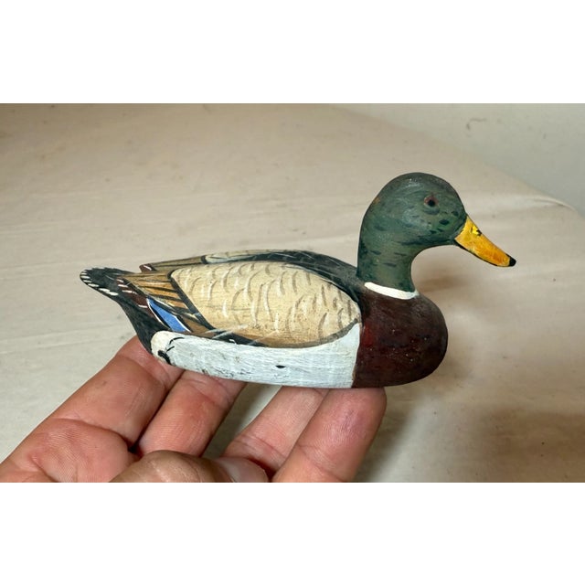 Up for sale is a wonderful vintage hand carved miniature wooden Folk Art duck decoy sculpture of a lovely mallard made in...