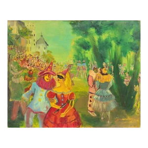 1958 Germaine Rey Masked Bal Oil on Canvas