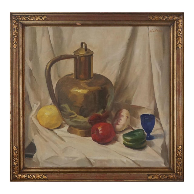 Vintage Mid Century Still Life With Brass Vessel, Fruits and Vegetables by Charles Kinghan For Sale