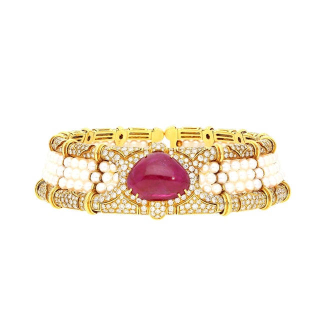 Mid-Century Modern Vintage 45 Carat No Heat Ruby, Diamond, and Pearl Cuff Choker Necklace For Sale - Image 3 of 9