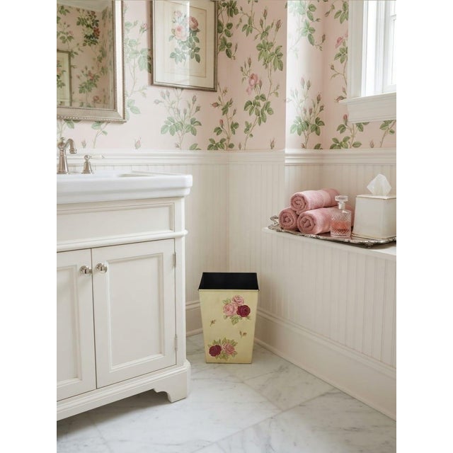 Cream Vintage Hand-Painted Floral Metal Wastebasket For Sale - Image 8 of 12