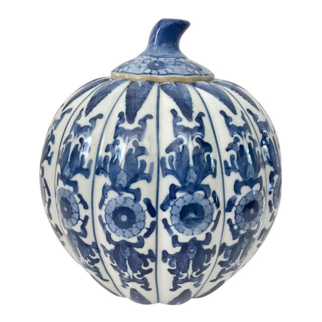 Chinese Vintage Chinese Porcelain 10 1/2" Tall Blue and White Pumpkin Chinoiserie Ginger For Sale - Image 3 of 8