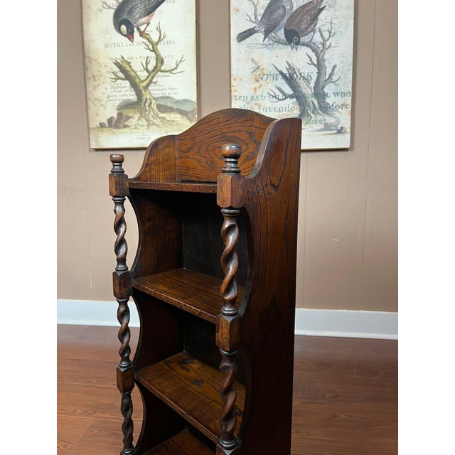 Petite Antique English Bookcase Bookshelf Barley Twist Tiger Oak Display C1920 For Sale - Image 17 of 18