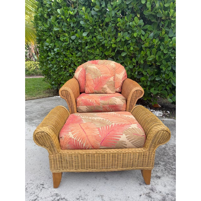 Vintage Henry Link wicker lounge chair and ottoman featuring beautifully sculpted forms, substantial rolled arms, tapered...