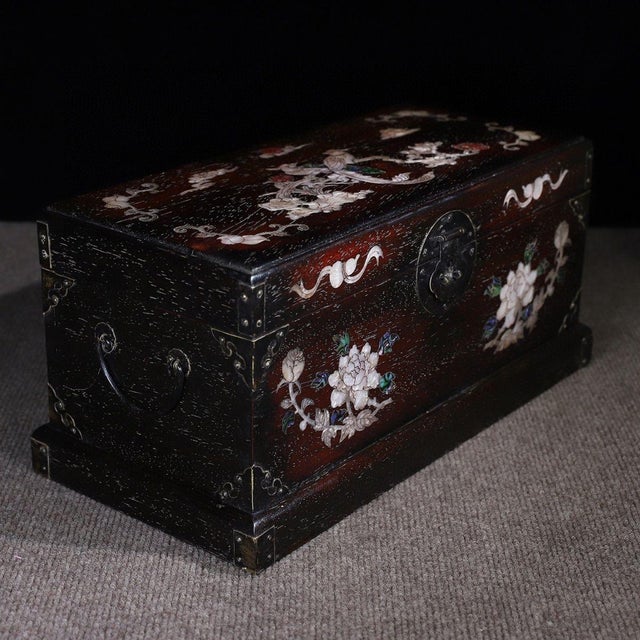 Chinoiserie Large Rosewood Box With Mother-of-Pearl Inlay – Magpie & Peony Motif, Chinoiserie Decor For Sale - Image 3 of 9