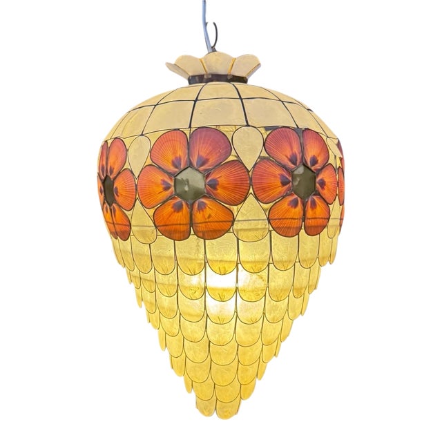 1960s Scalloped Capiz Shell Collapsible Pendant Light With Pink Floral Accents For Sale