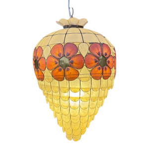 1960s Scalloped Capiz Shell Collapsible Pendant Light With Pink Floral Accents