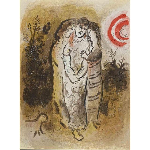 Naomi and her daughters is an artwork from the series "the bible", realized by marc chagall in 1960. Mixed colored...
