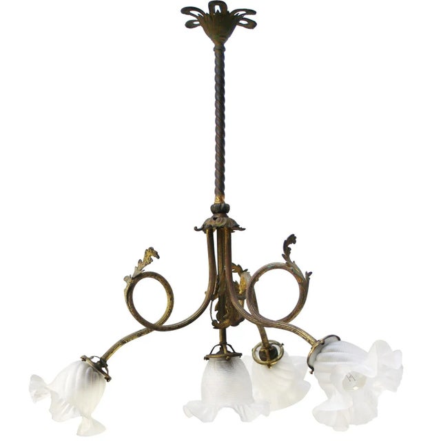 Art Nouveau Brass and Satin Glasses Five Bulb Holder Chandelier For Sale - Image 9 of 9