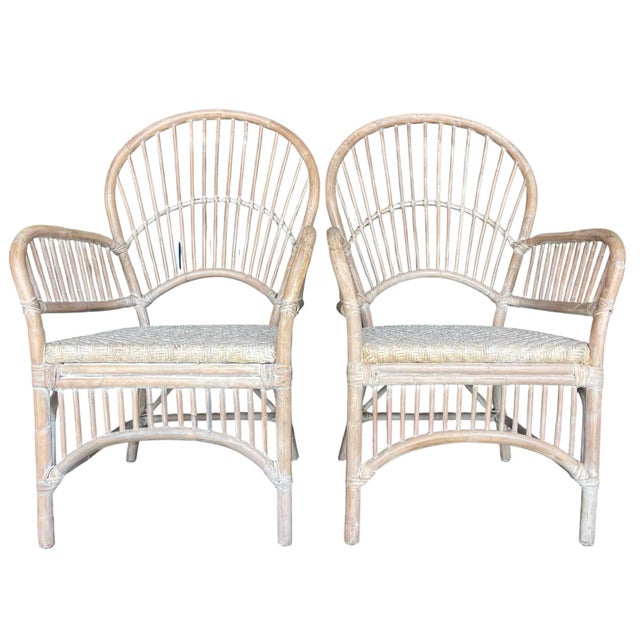 Contemporary Vintage Coastal Rattan Fan Back Armchairs With Woven Seats, a Pair For Sale - Image 3 of 12