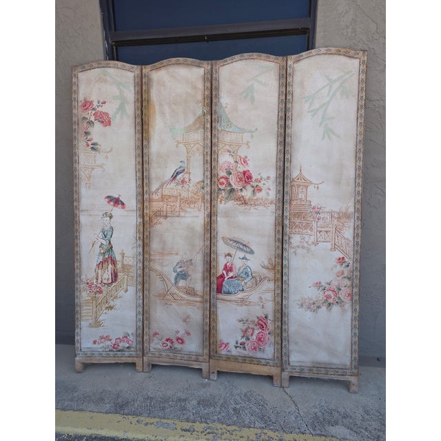 Shabby Chic Vintage Four Panel French Chinoiserie Fabric Screen For Sale - Image 3 of 15