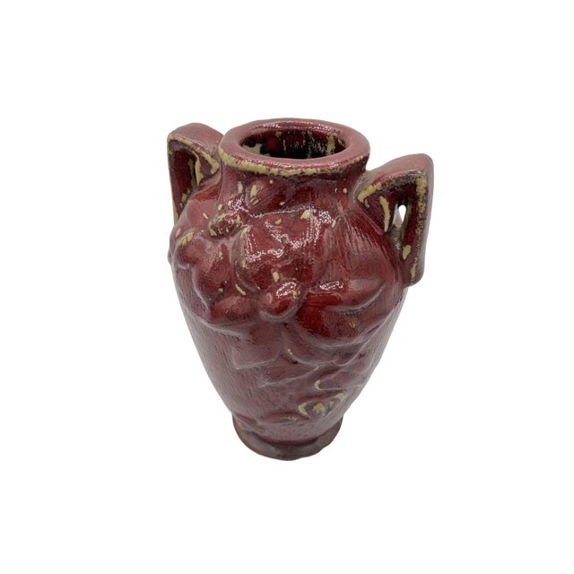 1960s Red Art Pottery Vase With Dual Handles & Sculpted Floral Relief For Sale - Image 4 of 9