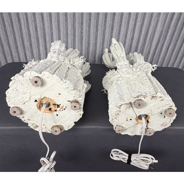 Wood 1990s Hand Carved Wood Cactus Lamps Finished in White Plaster - A Pair For Sale - Image 7 of 7
