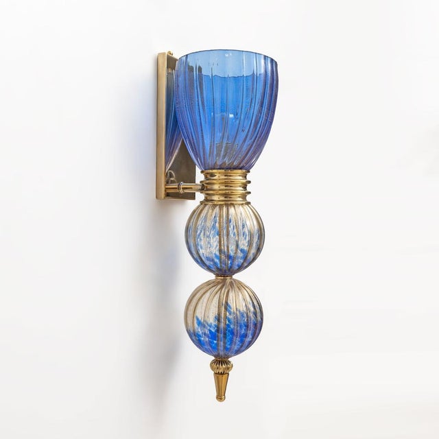 Metal Murano Glass Blue Wall Sconces with Gold Dust Inclusions, 2000, Set of 2 For Sale - Image 7 of 9