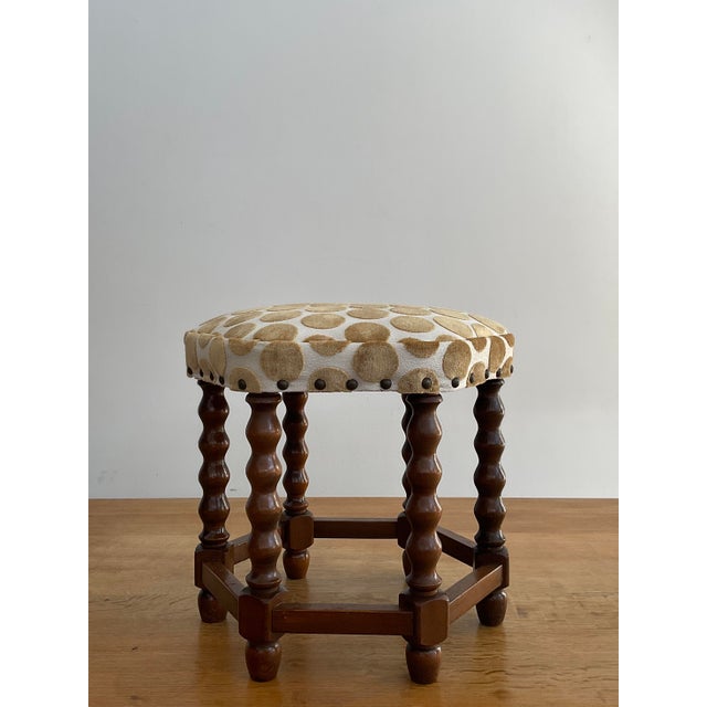 Charming Mid 20th Century Danish Spool Leg Stool in Polka Dot Velvet For Sale - Image 4 of 10