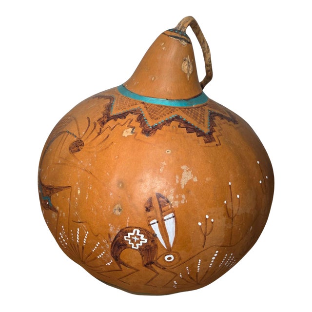 Late 20th Century Cj Prophet Hand-Painted Native American Gourd Art – Kokopelli Mimbres Style Folk Art, Signed Southwest Decor For Sale