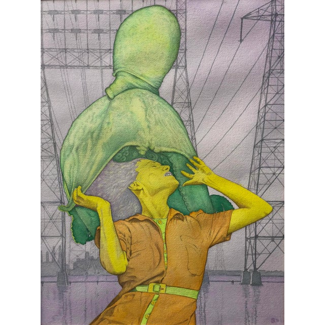 Mid-Century Modern Vintage Surrealist Watercolor Painting of a Woman and Octopus 1973 For Sale - Image 3 of 11